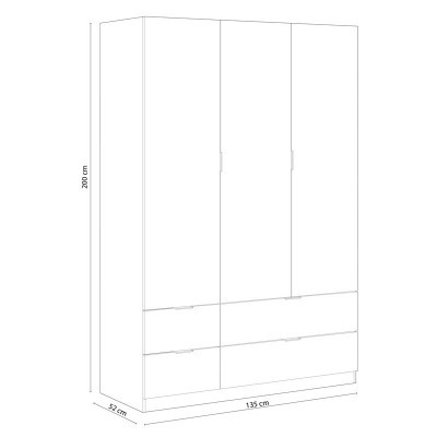 Roupeiro branco de 3 portas e 2 gavetas com medidas