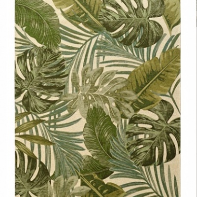 tapete retangular com padrão de folhas tropicais em vários tons de verde e bege
