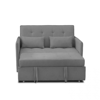 Sofá-cama cinzento de tecido com almofadas e costuras no encosto