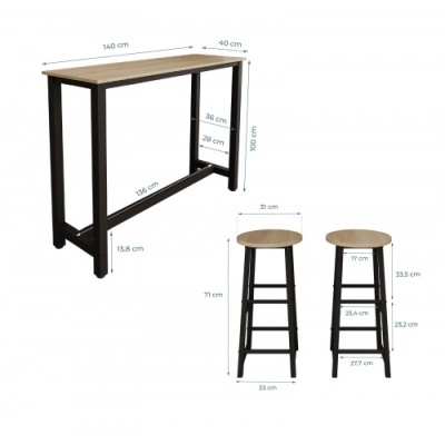 Conjunto mesa alta retangular e dois bancos altos com tampo madeira clara e estrutura preta