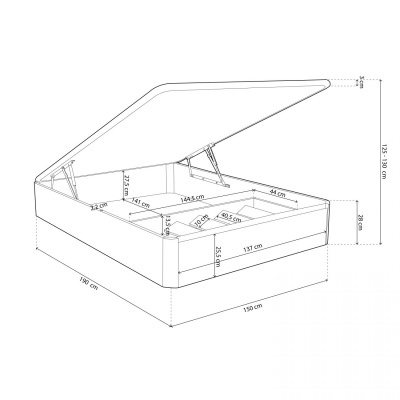 Desenho técnico de cama caixa branca com tampo elevatório e medidas