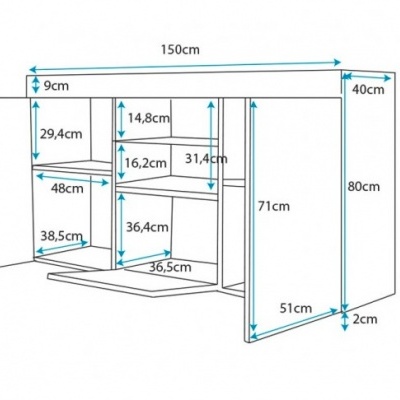 Desenho técnico de prateleira branca com medidas em cm