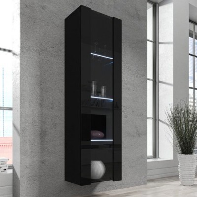 móvel de parede alto preto brilhante com portas de vidro