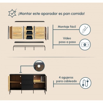 Aparador 3 gavetas e 2 portas com luz LED