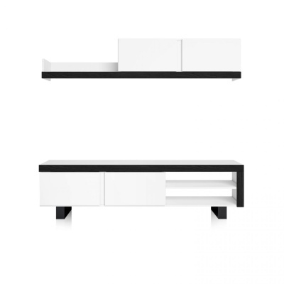 Conjunto de mobiliário moderno preto e branco com prateleira e móvel baixo