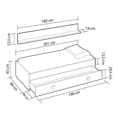 Desenho técnico com medidas de cama de solteiro com gaveta e prateleira
