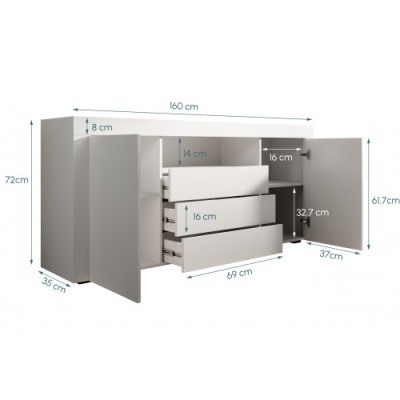 Móvel branco com gavetas e portas com dimensões indicadas