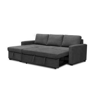 Sofá cama cinza escuro em tecido com três almofadas de encosto