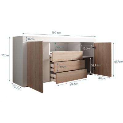 aparador de madeira branco com portas de carvalho e três gavetas abertas