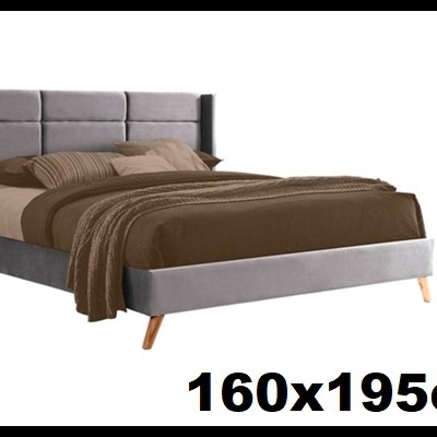 Cama de casal cinzenta estofada com roupa castanha e texto 160x195cm