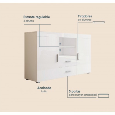 Móvel branco com portas, gavetas e prateleira regulável