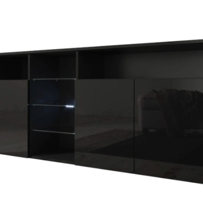 Móvel preto brilhante com portas e prateleiras abertas.