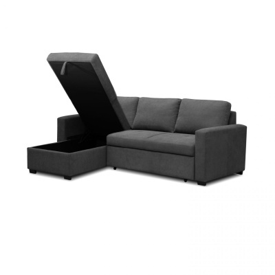 Sofá-cama cinza escuro com chaise longue com espaço de armazenamento