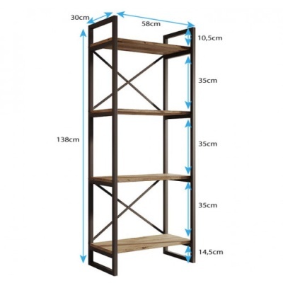 Estante de madeira com estrutura metálica preta e medidas em centímetros indicadas