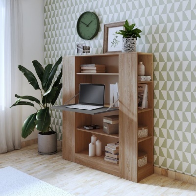 Estante multifuncional em madeira clara com prateleiras, mesa dobrável com computador portátil e decoração de plantas e livros