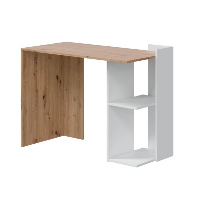 Secretária com tampo madeira clara e prateleiras brancas