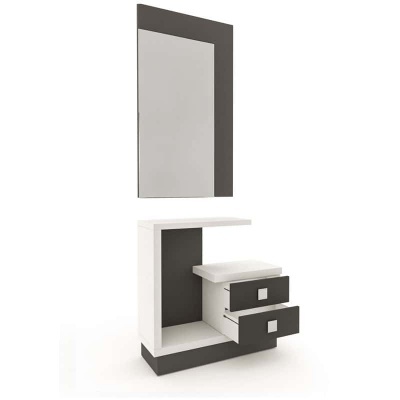 Móvel de casa de banho branco e cinzento com espelho retangular