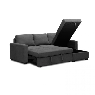 Sofá-cama cinzento escuro com espaço de arrumação aberto