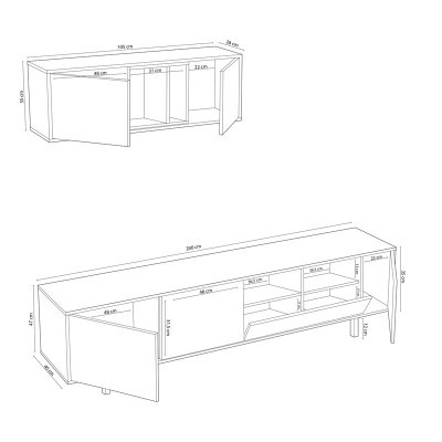 Desenho técnico a preto e branco de móvel com três compartimentos e medidas