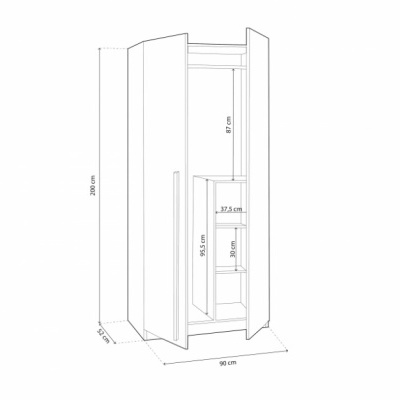 Desenho técnico de armário branco com duas portas e medidas detalhadas