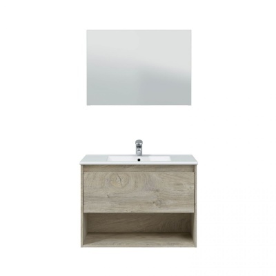 Conjunto sanitário com armário de madeira clara, lavatório branco e espelho retangular