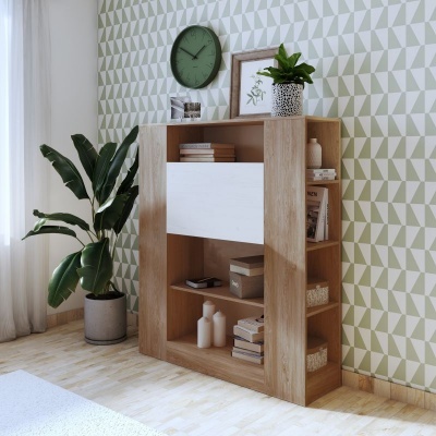 Estante de madeira com prateleiras e porta branca num ambiente decorado com plantas e relógio