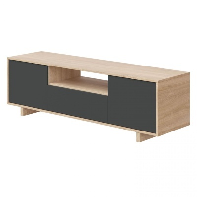 Móvel para TV em madeira clara com portas cinzentas