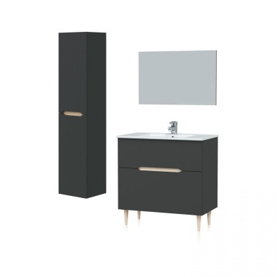 Móveis de casa de banho pretos com puxadores em madeira clara, espelho e lavatório