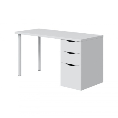 Mesa de escritório branca com três gavetas e tampo retangular