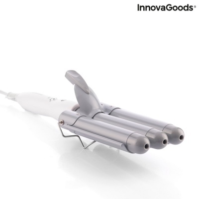 Modelador de cabelo de três cilindros prateados com cabo branco