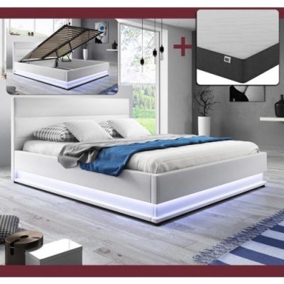 Cama de casal Omnia 150x190cm + Colchão com estrado elevatório e luz LED - Disponível em 2 Cores e 3 Medidas