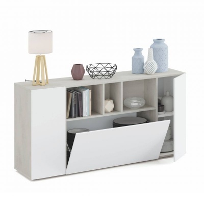 Aparador branco e cinza claro com decoração e uma lâmpada sobre ele