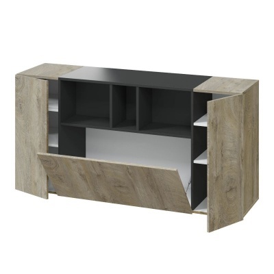 Aparador de madeira castanho claro com interior preto e prateleiras brancas, portas laterais e porta basculante