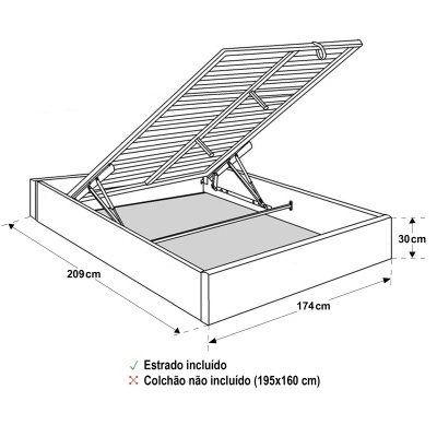 Desenho técnico de cama baú branca com dimensões e texto explicativo
