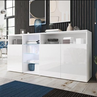 Aparador branco lacado com compartimentos e portas de correr numa sala moderna