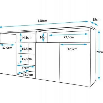 Desenho técnico de móvel com medidas em centímetros