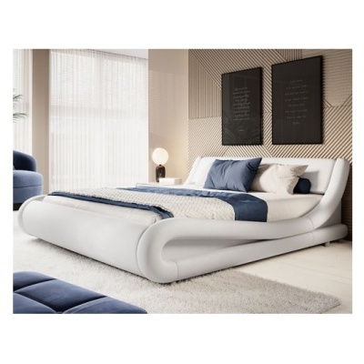 Cama branca moderna estofada com roupa de cama azul e paredes decoradas