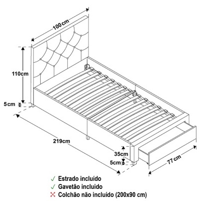 Cama de Solteiro com Gavetão de arrumação - Disponível em 2 cores