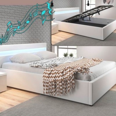 Cama de casal, estrado elevatório, luz LED e Colunas integradas - Disponível em 2 cores e 2 medidas