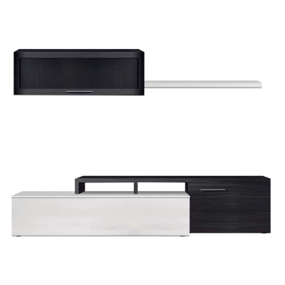 Móvel de televisão branco e preto com armazenamento e porta em vidro fumado