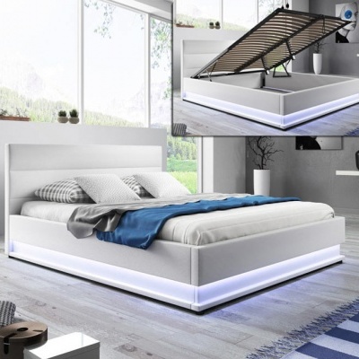 Cama de casal Omnia 150x190cm + Colchão com estrado elevatório e luz LED - Disponível em 2 Cores e 3 Medidas