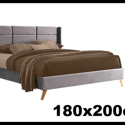cama de casal cinza claro com roupa de cama castanha e texto 180x200cm