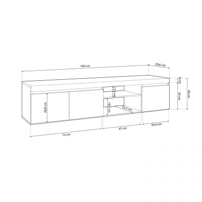 Móvel de arrumação em madeira com várias divisórias e medidas em cm