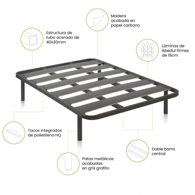 estrutura metálica preta para cama com madeira de abedul e barras de suporte