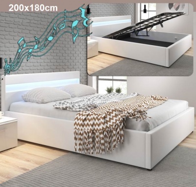 Cama de casal 200x180cm com estrado elevatório, luz LED e Colunas integradas - Disponível em 2 cores