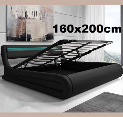 Cama preta com arrumação elevável e medida 160x200cm exibida