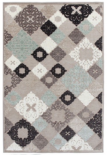 Tapete decorativo com padrão geométrico e ornamentos florais em tons neutros e azul-turquesa