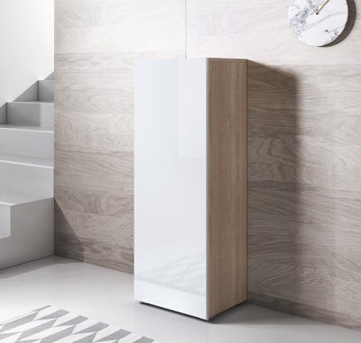 Móvel alto branco e madeira clara num ambiente interior moderno