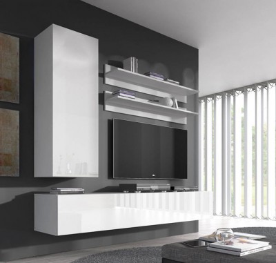 Móveis suspensos brancos brilhantes para sala com prateleiras e armário, parede cinza, janela com cortinas verticais