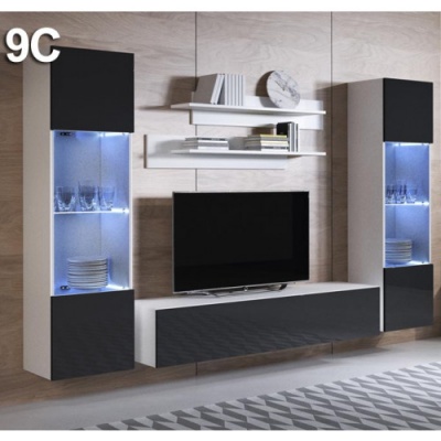 Conjunto de móveis para sala em preto e branco com iluminação e prateleiras decorativas